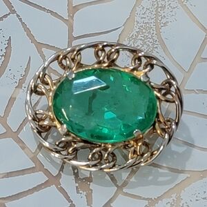 Vintage Chunky Pin Brooch Gold & Silver Tone Green Faux Emerald